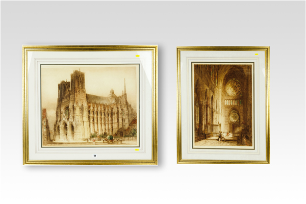 J ALPHAGE BREWER pair of lithographs - 1. `The Rose Windows, Reims Cathedral` - 2. `Reims Cathedral,