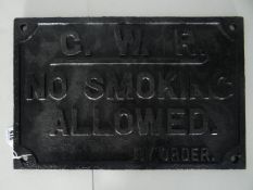 An heavy duty iron railway sign ‘GWR - No Smoking Allowed (By Order)’