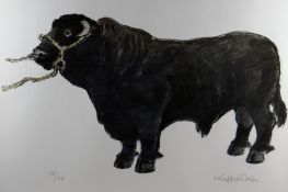 After SIR KYFFIN WILLIAMS RA Limited Edition (38/75) coloured print; a standing Welsh Black bull `