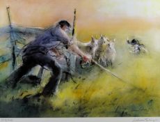 After WILLIAM SELWYN Limited Edition (257/300) print; a shepherd and sheepdog herding a flock,