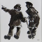 After SIR KYFFIN WILLIAMS RA print; farmers chatting, signed with initials, 6 x 6 ins (15 x 15 cms).