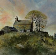MALCOLM EDWARDS watercolour; Welsh farmstead by tree on a hillock - `Dying Sun, Hendre Waelod`,