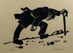After SIR KYFFIN WILLIAMS RA Limited Edition (22/50) linocut print; a farmer with crook struggling