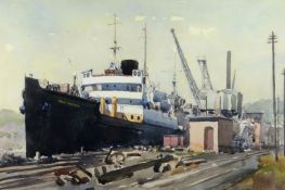 GYRTH RUSSELL watercolour; large shipping vessel `Great Western` in dock, signed, 14 x 21 ins (36