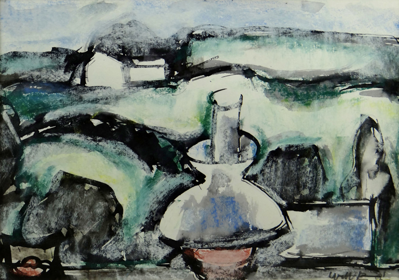 WILL ROBERTS mixed media; entitled verso `Landscape and Lamp, The Ridgeway, Saundersfoot,