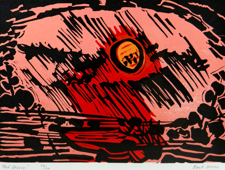 After BURT ISAAC limited edition (28/100) linoprint; entitled `Red Storm`, signed, 9.25 x 12.5