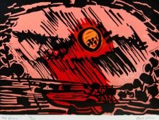After BURT ISAAC limited edition (28/100) linoprint; entitled `Red Storm`, signed, 9.25 x 12.5