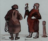 KAREL LEK watercolour; two shopping ladies having a gossip, signed, 5.25 x 6 ins (13 x 15 cms).