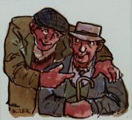 KAREL LEK watercolour; two men sharing a joke, signed, 4 x 4.25 ins (10 x 11 cms).