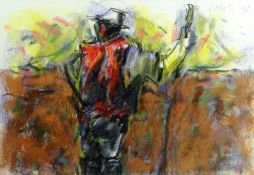 WILL ROBERTS pastel and mixed media; standing farmer wearing waistcoat and with stick, signed and