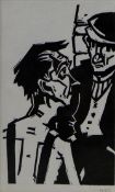 After SIR KYFFIN WILLIAMS RA woodcut print; two gentlemen in conversation, signed with initials, 8 x