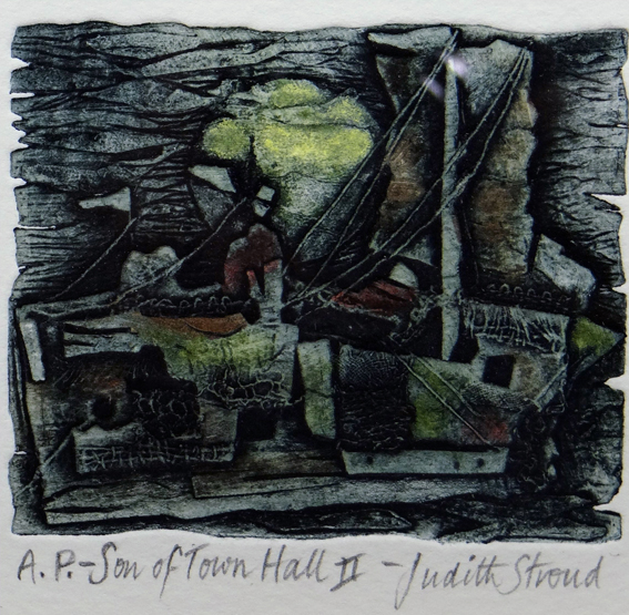 After JUDITH STROUD Artist`s Proof print; entitled `Son of Townhall II`, 4 x 4.25 ins (10 x 11 cms).