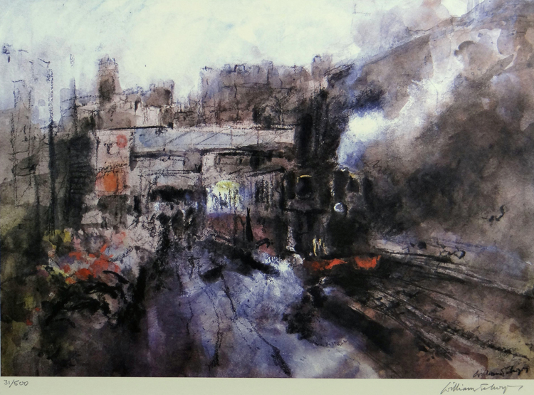 After WILLIAM SELWYN Limited Edition (31/500) print; a steam train at Conwy, signed fully in pencil,