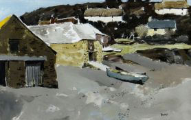 DONALD McINTYRE mixed media; cottages and boats on a shore, entitled verso `Cadgwith Number 8`,