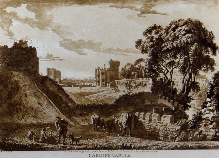 After PAUL SANDBY monochrome print; entitled `Cardiff Castle (from the West)`, 10 x 13 ins (25 x