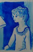CLAUDIA WILLIAMS blue colourwash; `At the Piano 1975` with original Tegfryn Gallery label verso, 9.