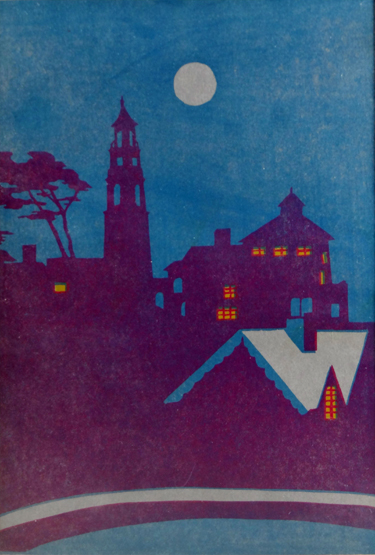 After MERYL WATTS screen print; a moonlit Portmeirion Village, 11.75 x 8 ins (30 x 20 cms).