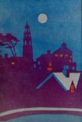 After MERYL WATTS screen print; a moonlit Portmeirion Village, 11.75 x 8 ins (30 x 20 cms).