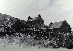 After SIR KYFFIN WILLIAMS RA monochrome print; a Snowdonia cottage, entitled `Hendre Waelod`, signed