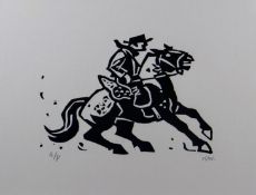 SIR KYFFIN WILLIAMS RA Artist`s Proof linocut; Patagonian horse rider, 8.5 x 11.25 ins (22 x 28.5
