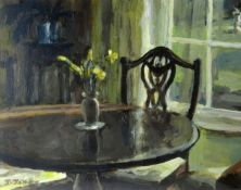 JULIA JONES RCA acrylic; interior scene - daffodils on a table by a chair, 10 x 12.75 ins (25.5 x