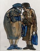 KAREL LEK watercolour; two shopping ladies earnestly in conversation, signed, 11.25 x 8.75 ins (28.5