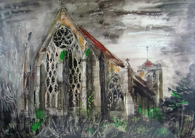 After JOHN PIPER coloured print; an Anglo Saxon Church, 22 x 30 ins (56 x 76 cms).