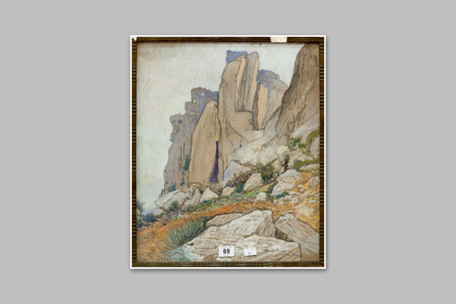 J HAMILTON MACKENZIE (Scottish School) pastel; French rocky cliff scene with building, signed and