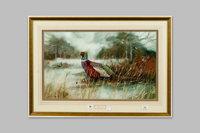 MICHAEL JAMES YULE watercolour; study of pheasants in a snowy woodland clearing, signed and dated