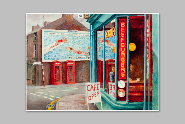 SEAN HAGERTY oil on board (unframed); street scene with red telephone boxes and figures in a cafe,