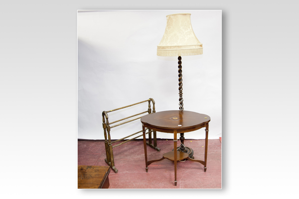 An Edwardian mahogany oval inlaid occasional table; a towel airer; and a polished barleytwist