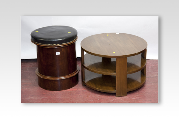 A mahogany capstan shaped commode with Rexine and studded lid, pottery within; and a three tier