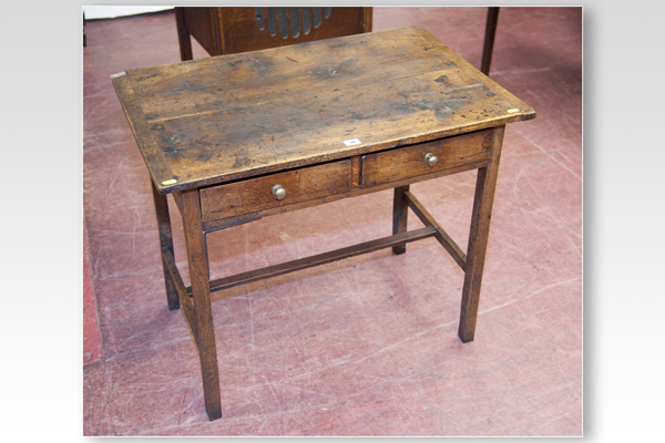 An early 19th Century oak side table with two drawers and square supports; and a similar table, no