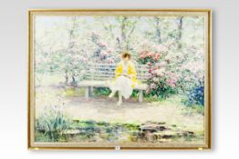 EVERT PIETERS oil on canvas; lady on a bench reading a book surrounded by pink blossom, signed and