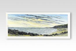 JILL MICKLE oil on board; sunset coastal scene, signed, 17.5 x 47 ins (32 x 20 cms)