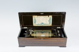 An oblong musical box, 22.5 long (57 cms), with full original menu card showing ten tune titles