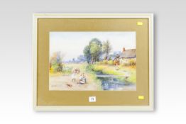 ARTHUR CLOUGH watercolour; children by a thatched farmstead and a river bridge, signed, 10 x 16