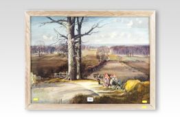 After ROWLAND HILDER colour print; expansive agricultural landscape with farmers unloading a cart,
