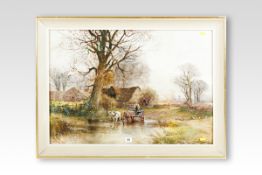 HENRY CHARLES FOX watercolour; farmyard scene with figures and poultry and farmer with two horses