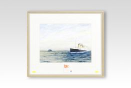 A L HUDSON watercolour; study of the RMS Titanic at sea passing a lighthouse, signed, 11.25 x 15 ins