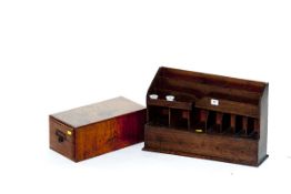 A polished desk top card index box; and an interesting oak desk top stationery rack of angled form