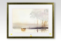 FRANK SPENCER coloured prints - a pair; misty lake scene with rowing boat, 14.5 x 22.5 ins (37 x