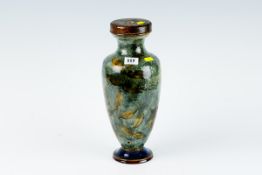 A Royal Doulton green ground pottery baluster vase with leaf decoration and a cobalt blue base (used