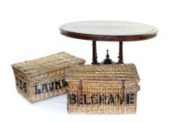 An oval Edwardian walnut loo table (for restoration); a small barleytwist polished table; a piano