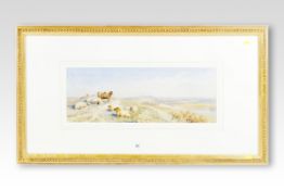 CORNELIUS PEARSON and THOMAS F WAINWRIGHT watercolour; sheep on a hillock overlooking a river and