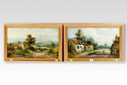 W HINSLEY oils on canvas - a pair; pastoral scenes of thatched cottages and buildings with figure