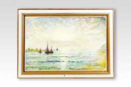 ED DUMMETT oil on board; sunset coastal scene with yachts, signed and entitled and dated verso `