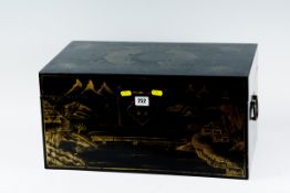 A 20th Century compact oblong lacquered and lidded small document or travel box with end handles