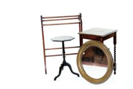 A small barleytwist occasional table; a tripod table; a towel airer; and a gilt framed circular