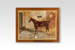 C B oil on canvas; portrait of `Birdie` in a stable, monogrammed and dated 1885 and with slightly
